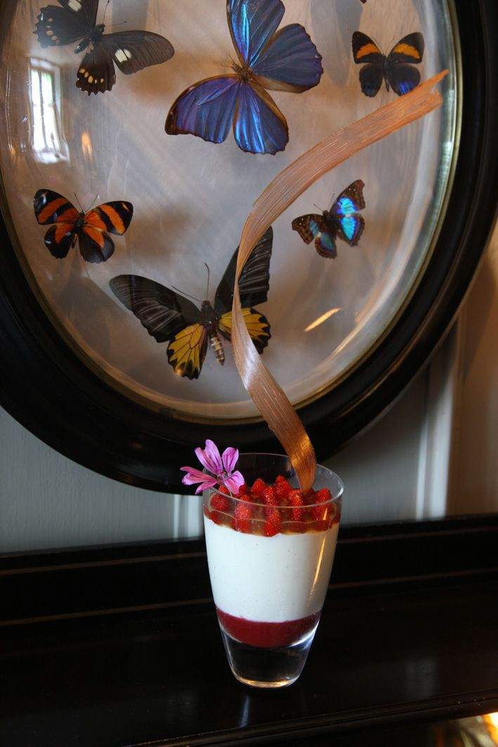 iced fruit dessert with butterflies